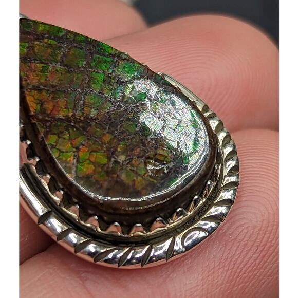 Colorful Ammolite Fossil Dragon Scale Teardrop Sterling Silver Pendant *Read* - Picture 6 of 14